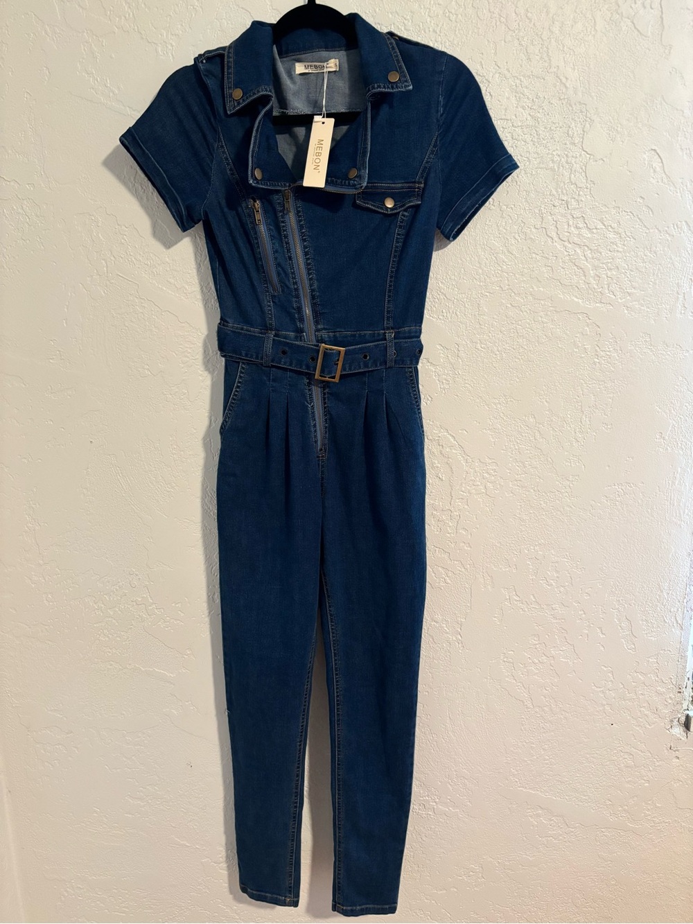 Dark Blue Denim Short-Sleeve Belted Jumpsuit